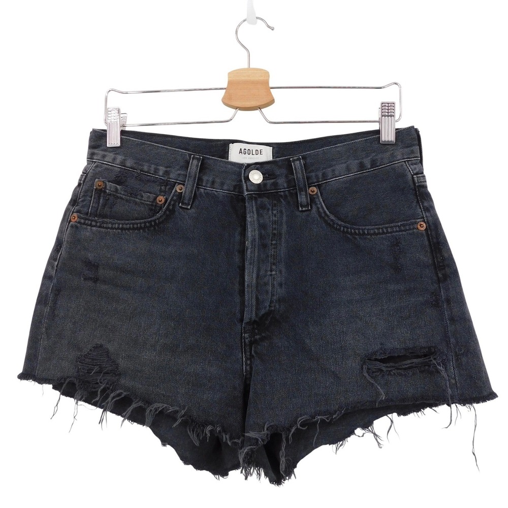 Agolde Parker High Rise Cut Off Denim Shorts‎ Washed Black Carbon Size 26